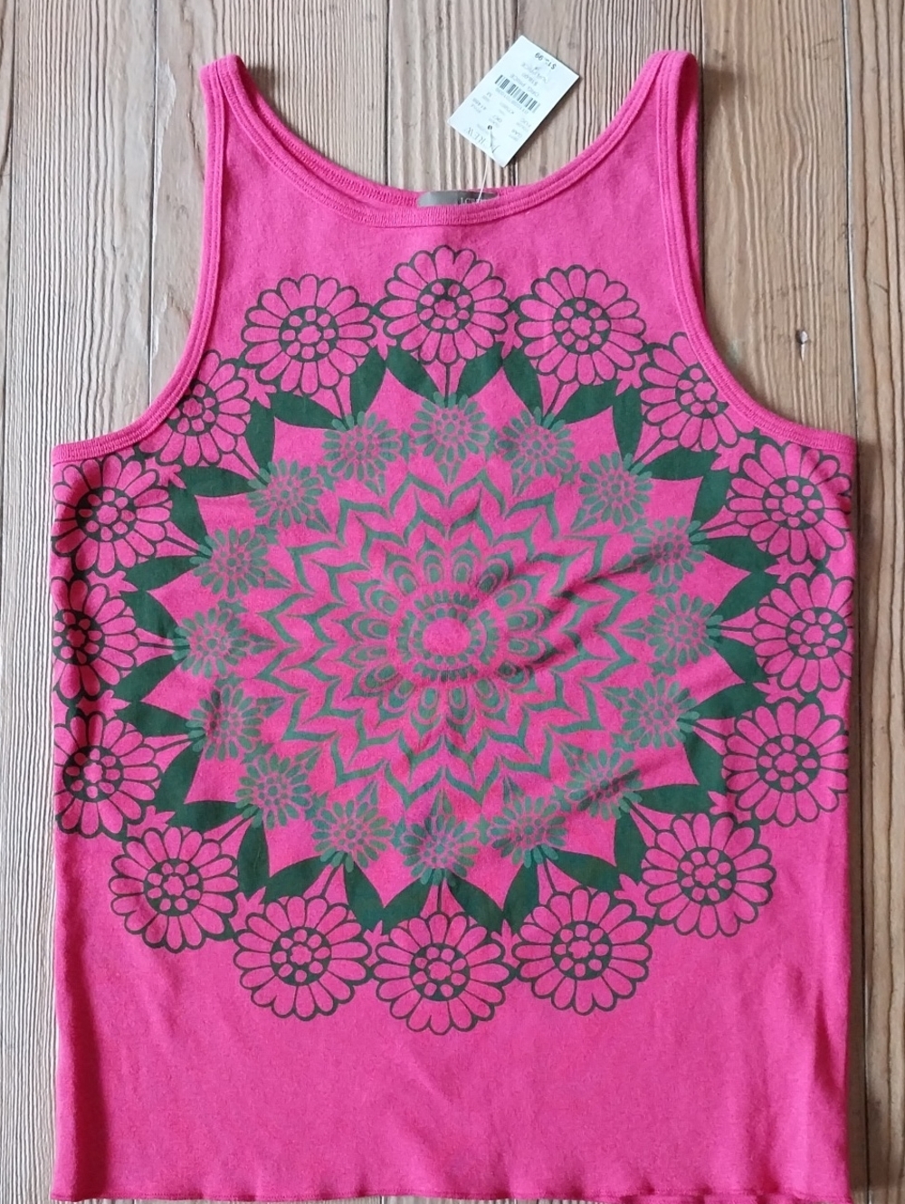 J. Crew Hot Pink Tank with Green Floral Mandala